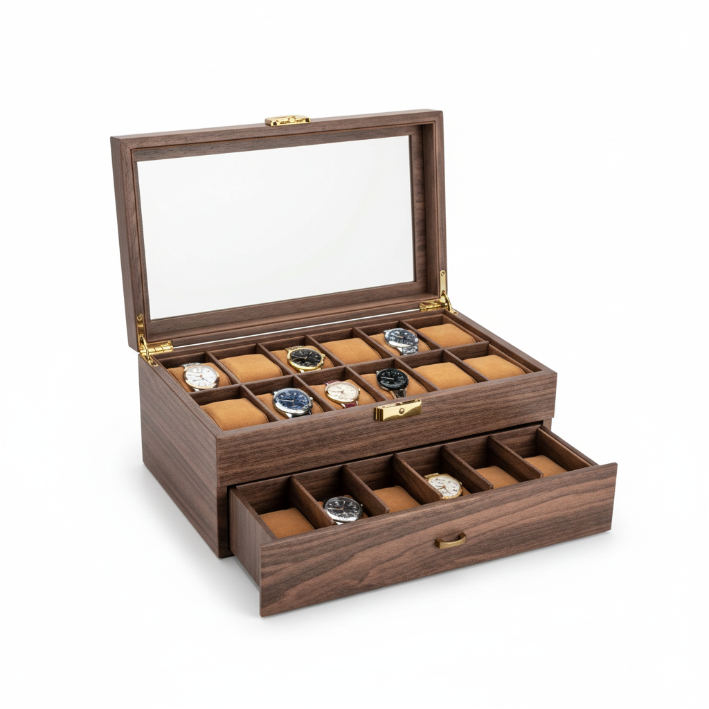 Coffret Bois 24 Montres Cuir Double Niveau Rustique
