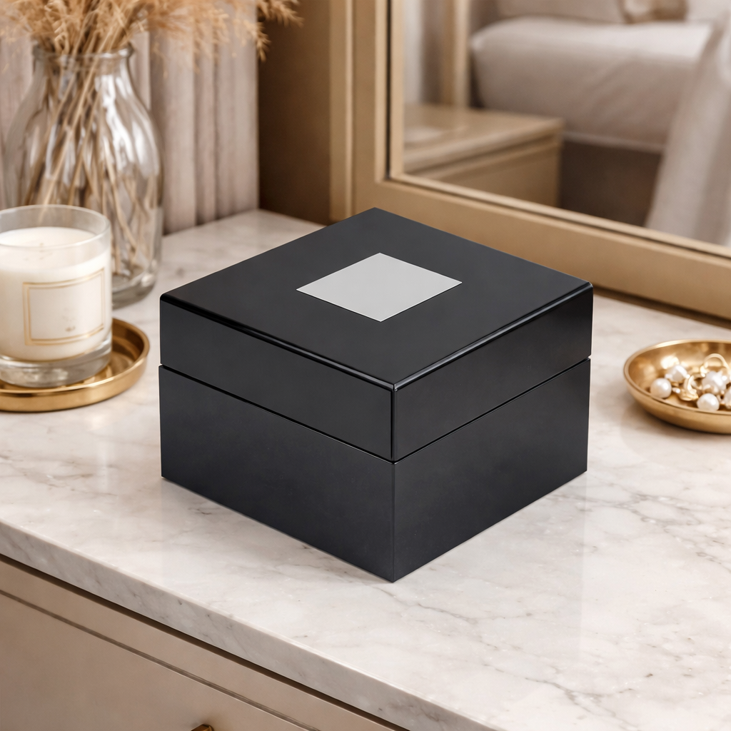 Boîte Bijoux Bois Laqué Noir Carré Premium