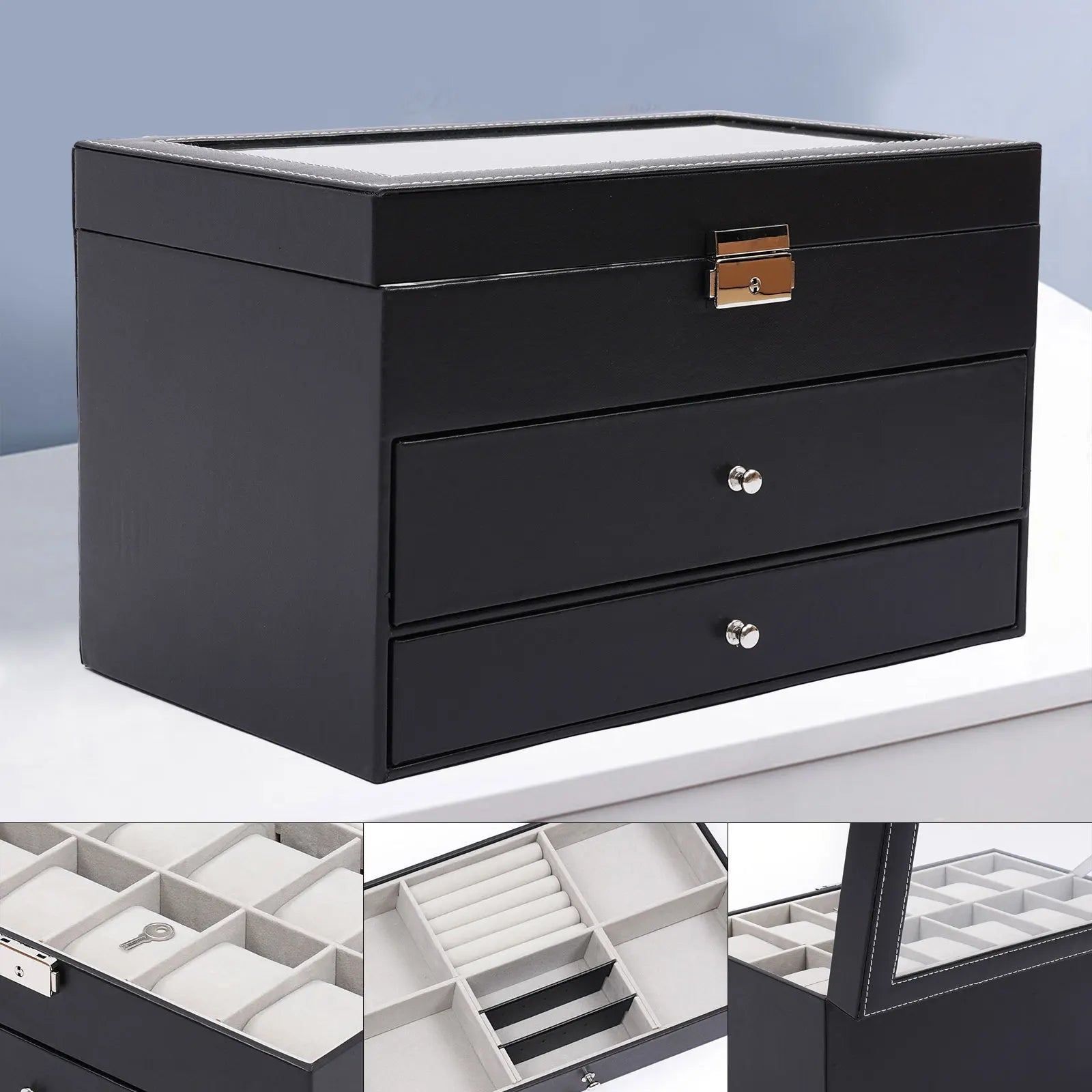 Coffret Montres Cuir Bijoux Lunettes 3 Niveaux