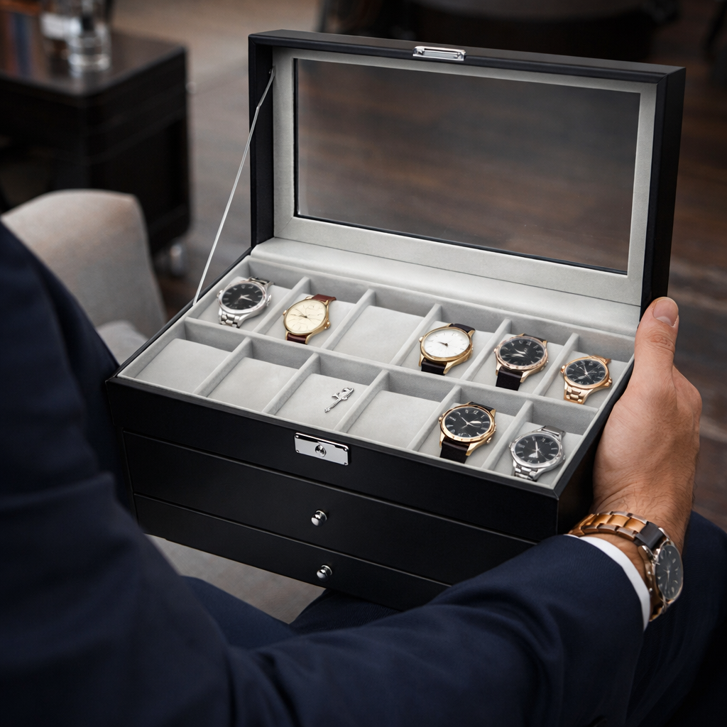 Coffret Montres Cuir Bijoux Lunettes 3 Niveaux