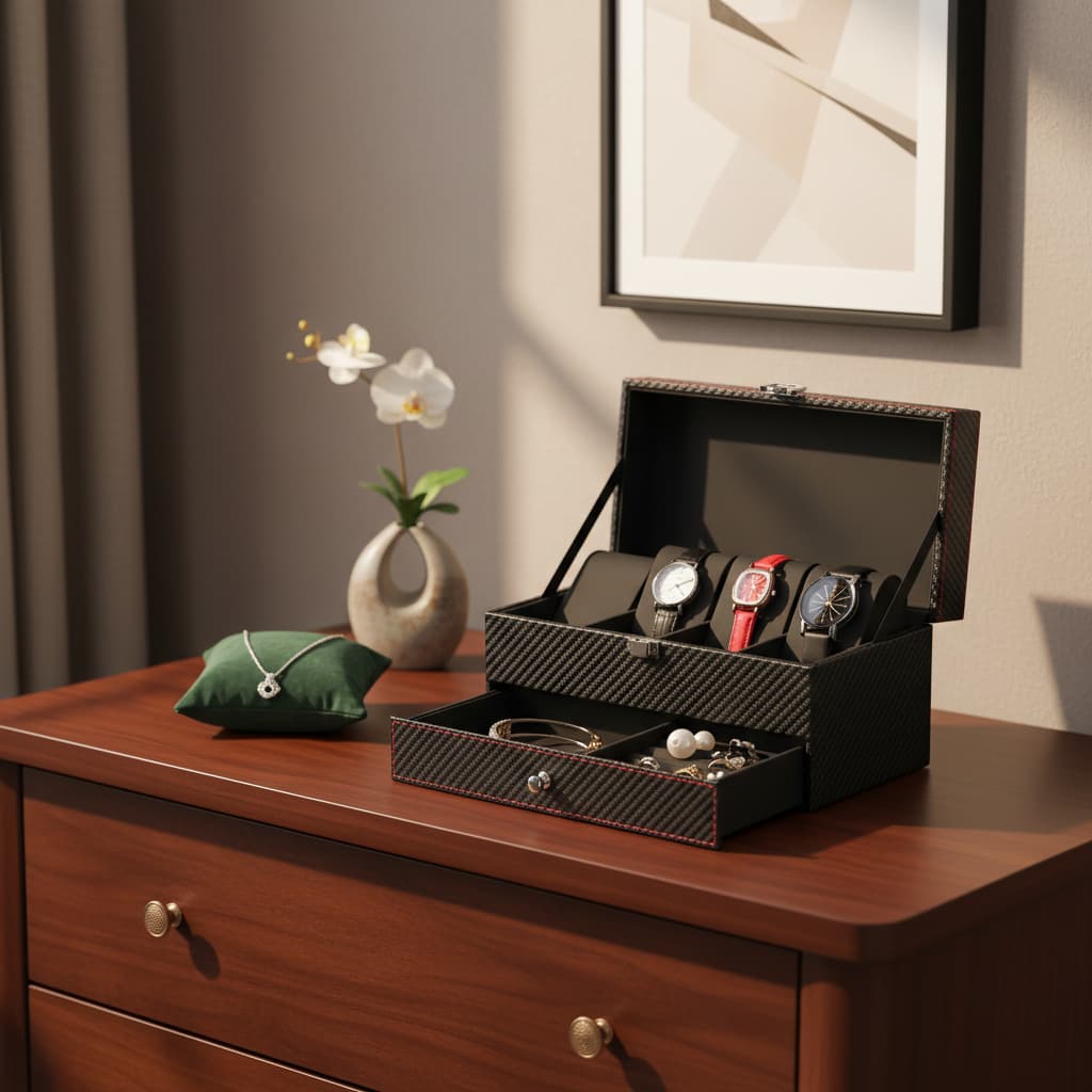 Coffret Montres Cuir Double Niveau 4 Emplacements