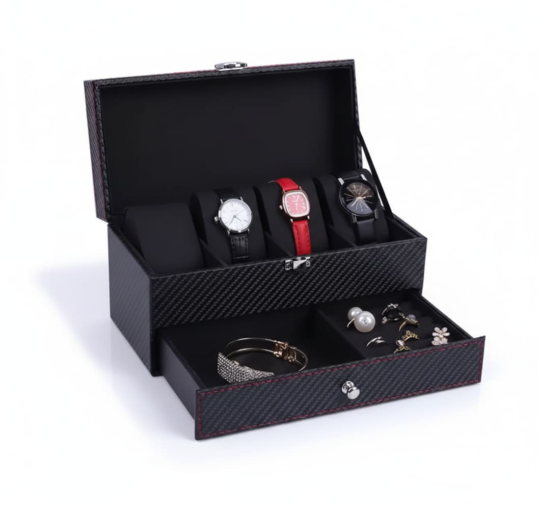 Coffret Montres Cuir Double Niveau 4 Emplacements