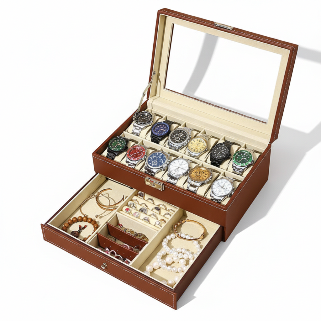Coffret Montres Cuir Verrouillable 2 Niveaux Tiroir