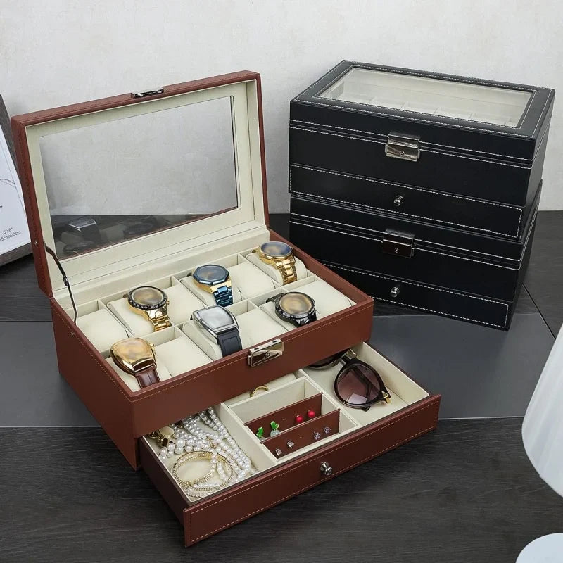 Coffret Montres Cuir Verrouillable 2 Niveaux Tiroir