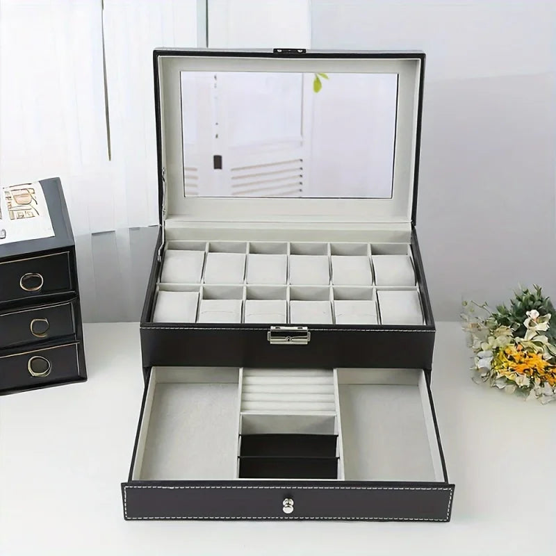 Coffret Montres Cuir Verrouillable 2 Niveaux Tiroir