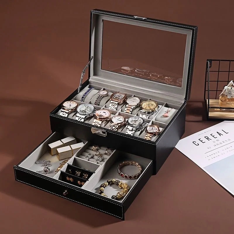 Coffret Montres Cuir Verrouillable 2 Niveaux Tiroir