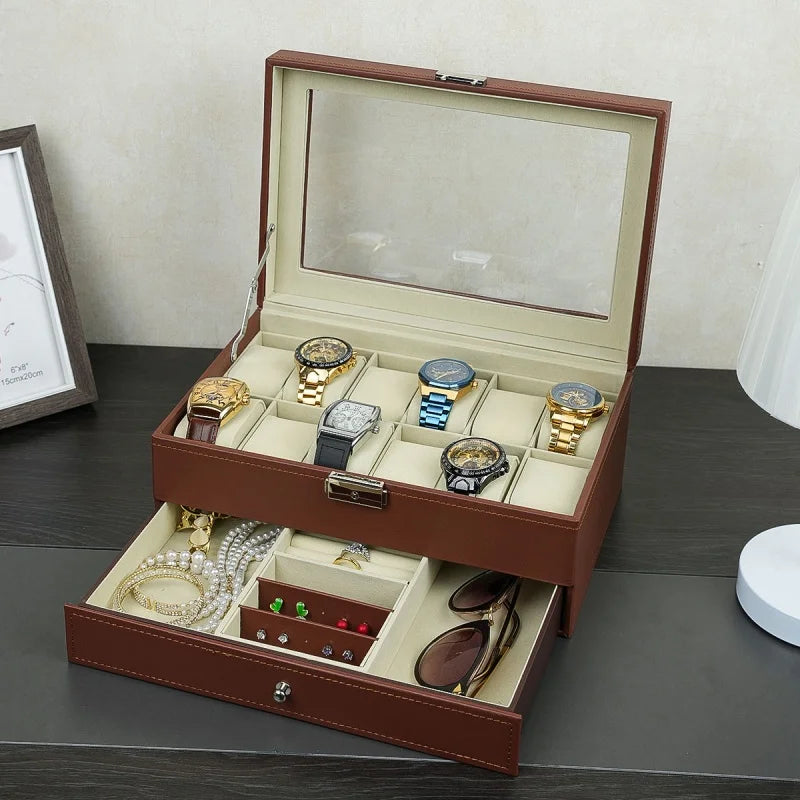 Coffret Montres Cuir Verrouillable 2 Niveaux Tiroir