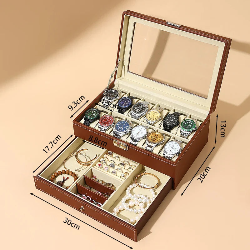 Coffret Montres Cuir Verrouillable 2 Niveaux Tiroir