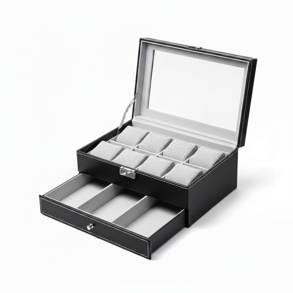 Coffret Montres Cuir Verrouillable 2 Niveaux Tiroir