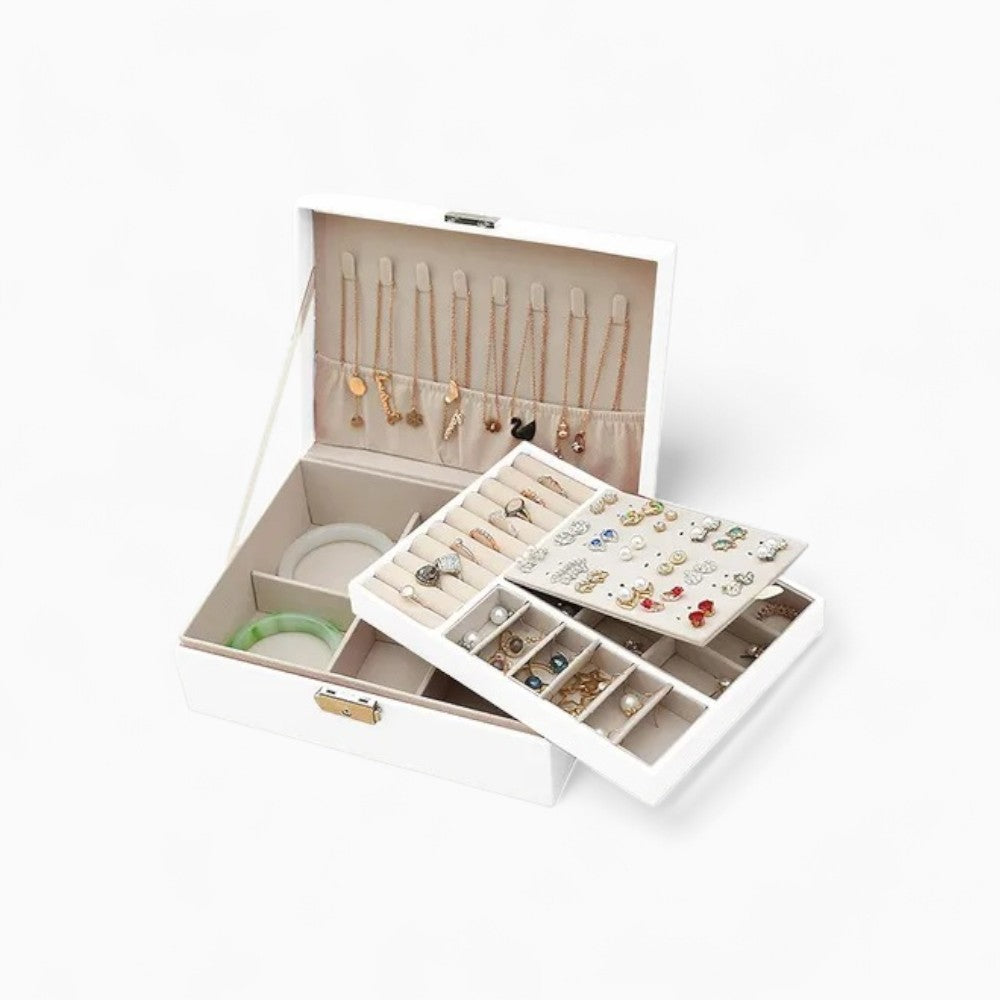 Boîte Bijoux Cuir Blanc Velours Voyage Plateau