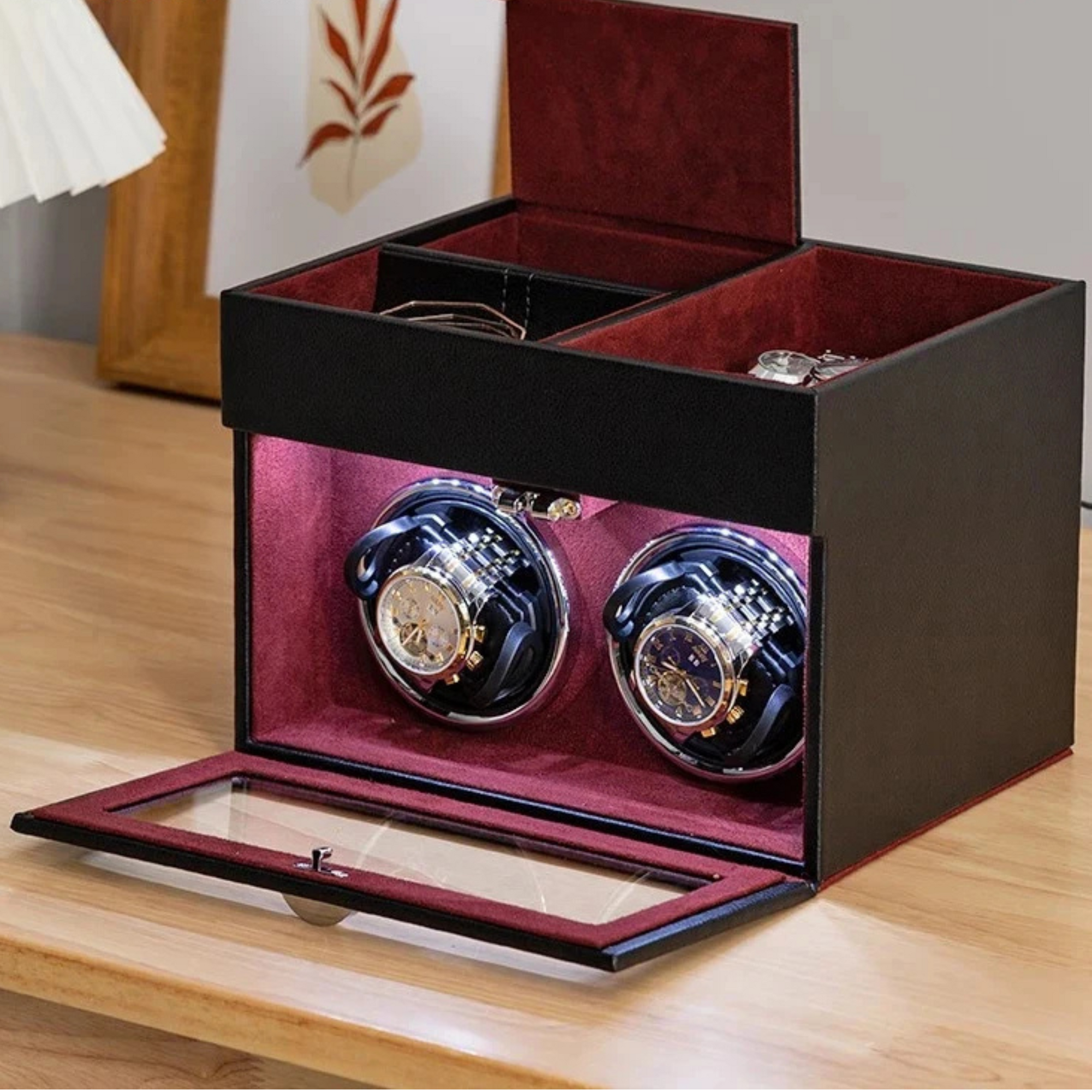 Boîte Remontoir Montre Cuir Double Vitré