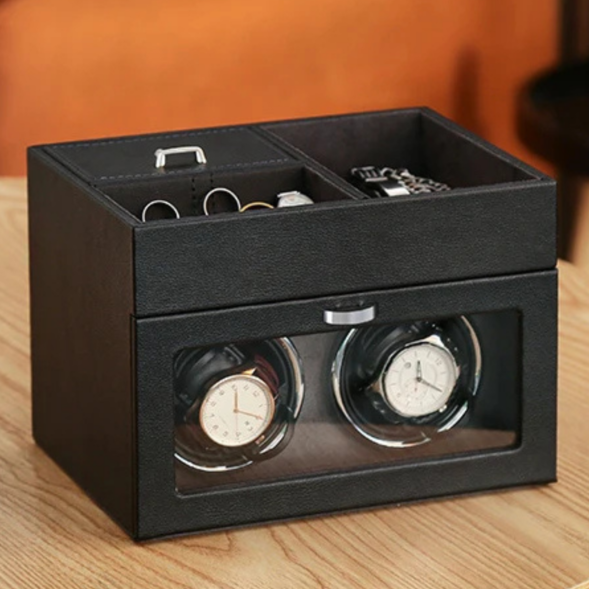 Boîte Remontoir Montre Cuir Double Vitré