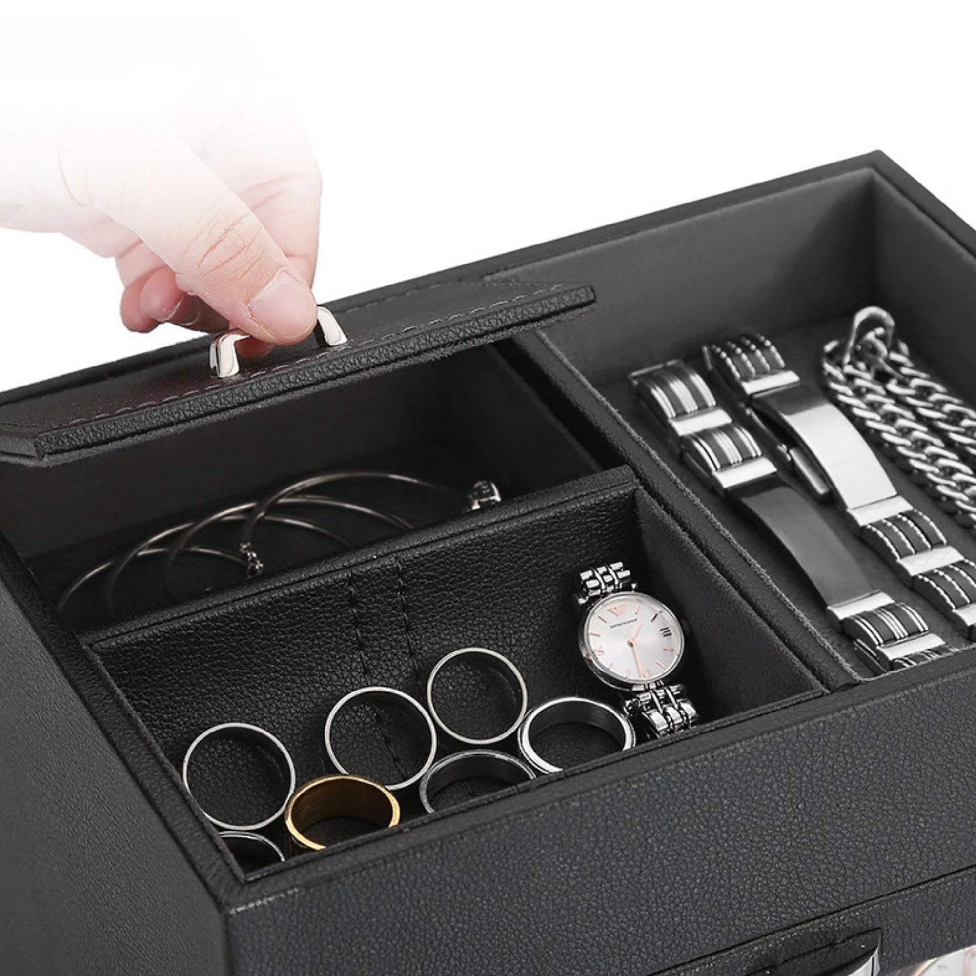 Boîte Remontoir Montre Cuir Double Vitré