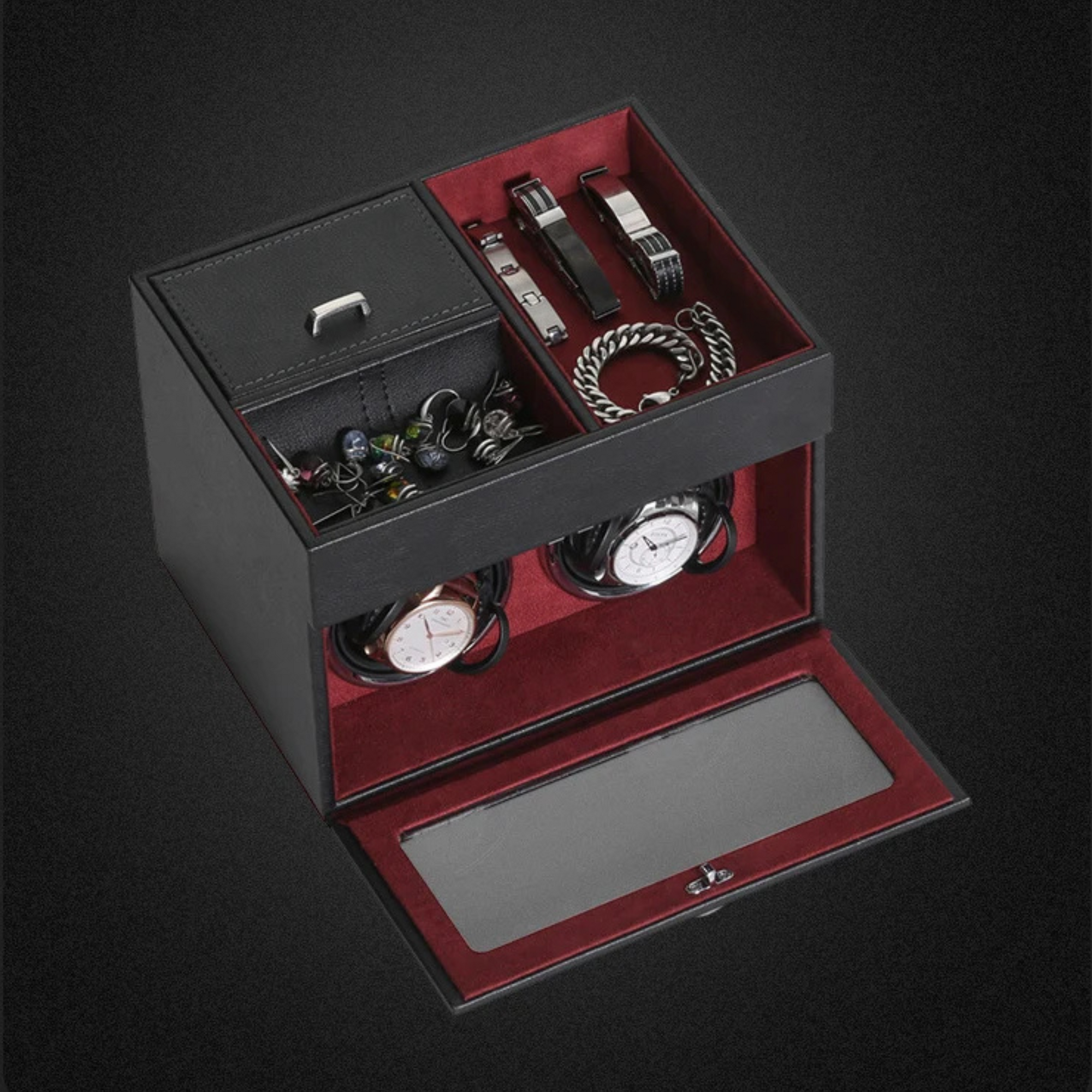 Boîte Remontoir Montre Cuir Double Vitré