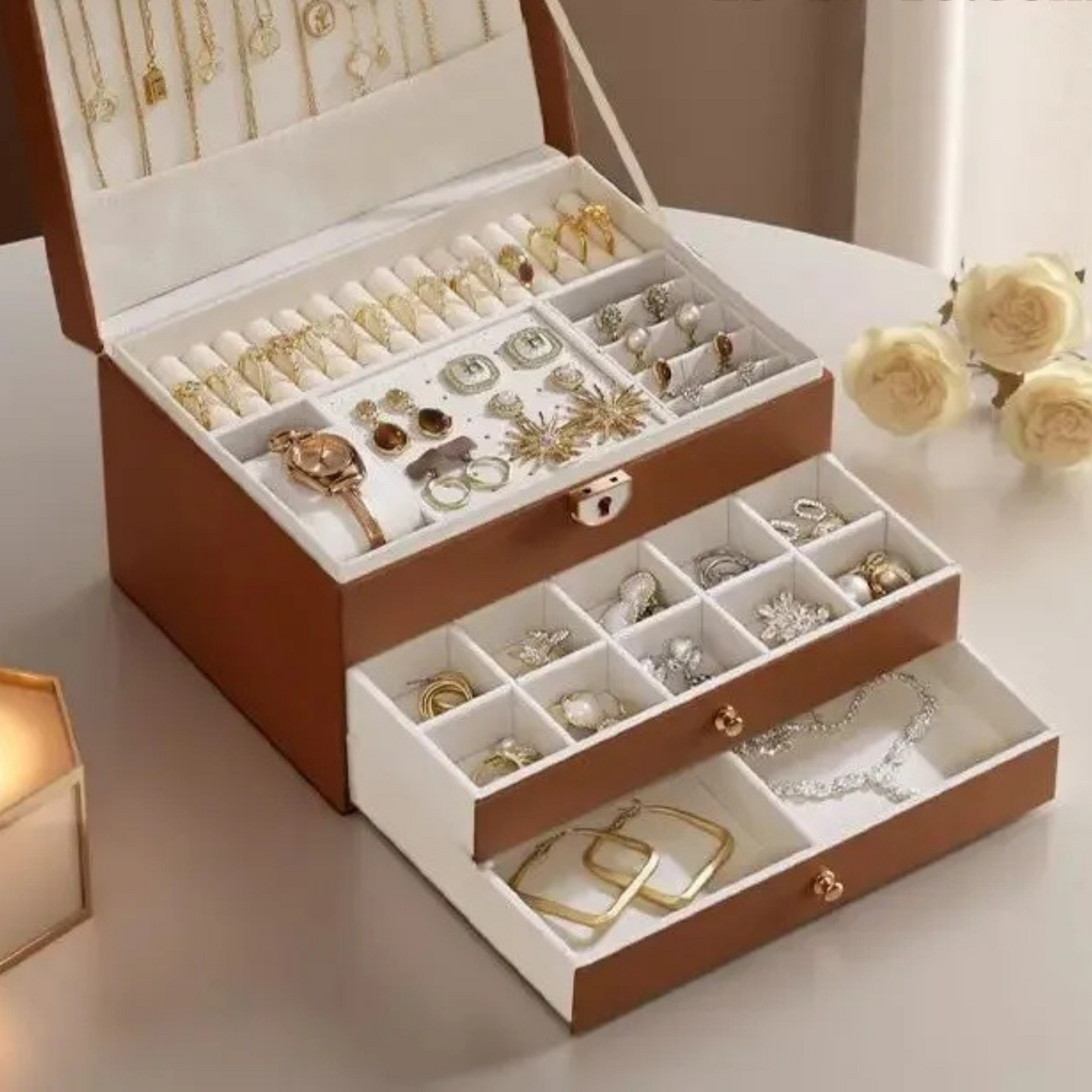 Boite Bijoux Cuir Velours Double Niveau Matelasse
