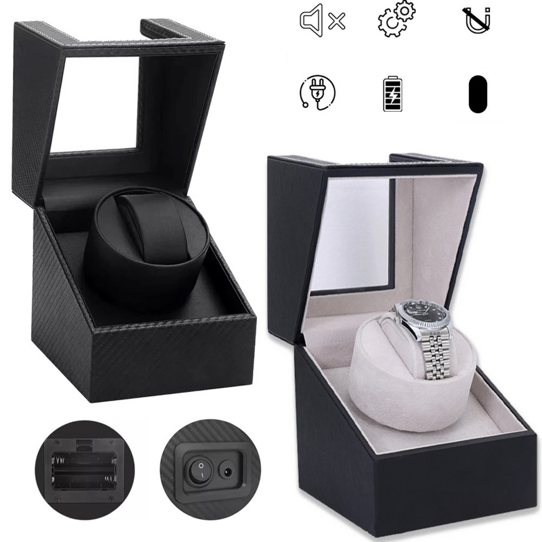 Remontoir compact noir surpiqué – les deux finitions ouvertes
