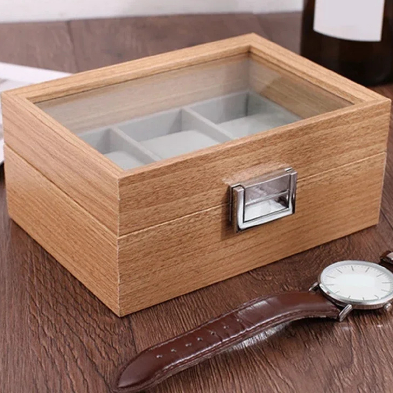 Boite Montres Bois Noyer Velours 3 Places