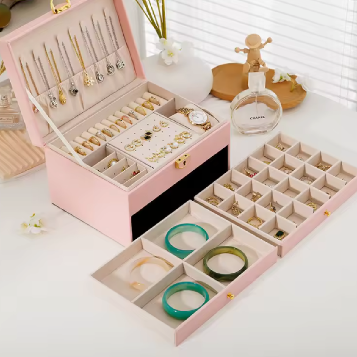 Boîte à Bijoux Cuir Double Niveau 12 Compartiments