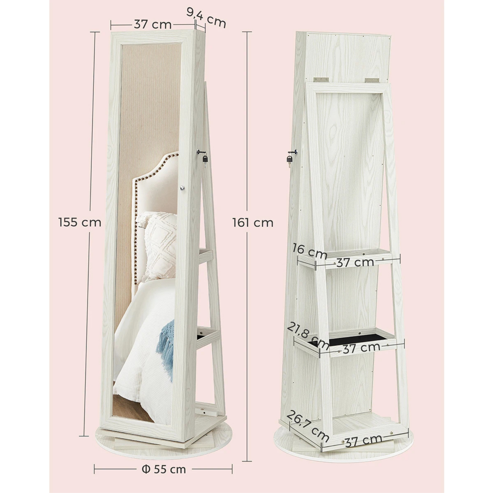 Boîte à Bijoux Bois Rotative Miroir Psyché Blanc