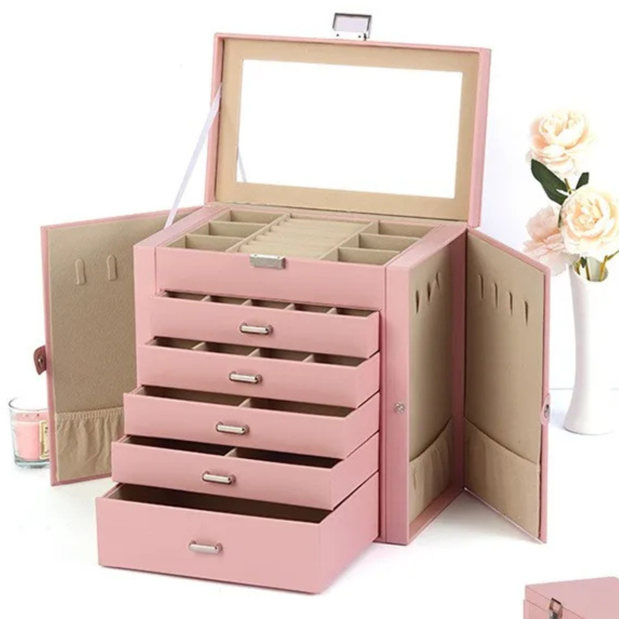 Armoire Bijoux Velours Grande Capacité 6 Niveaux