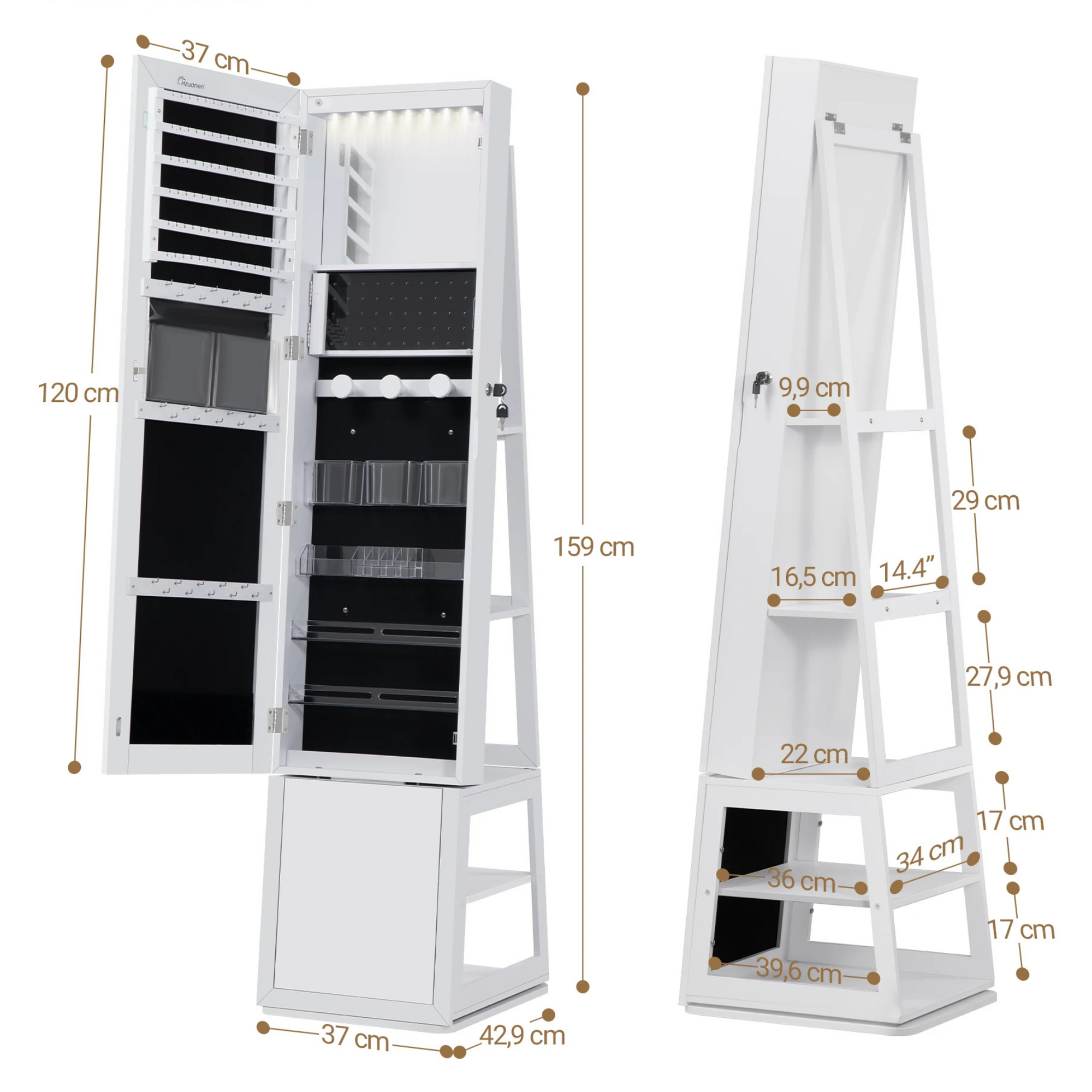 Boîte à Bijoux Bois Miroir Rotatif LED 360