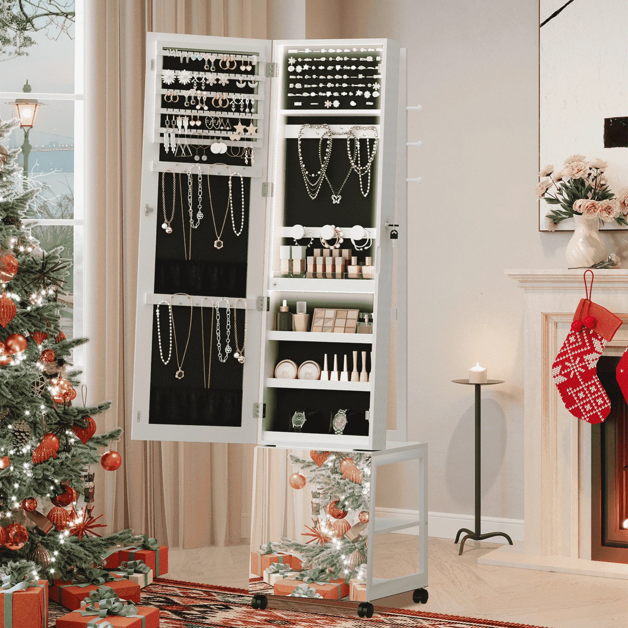 Boîte à Bijoux Bois Armoire LED Roulettes Mobile