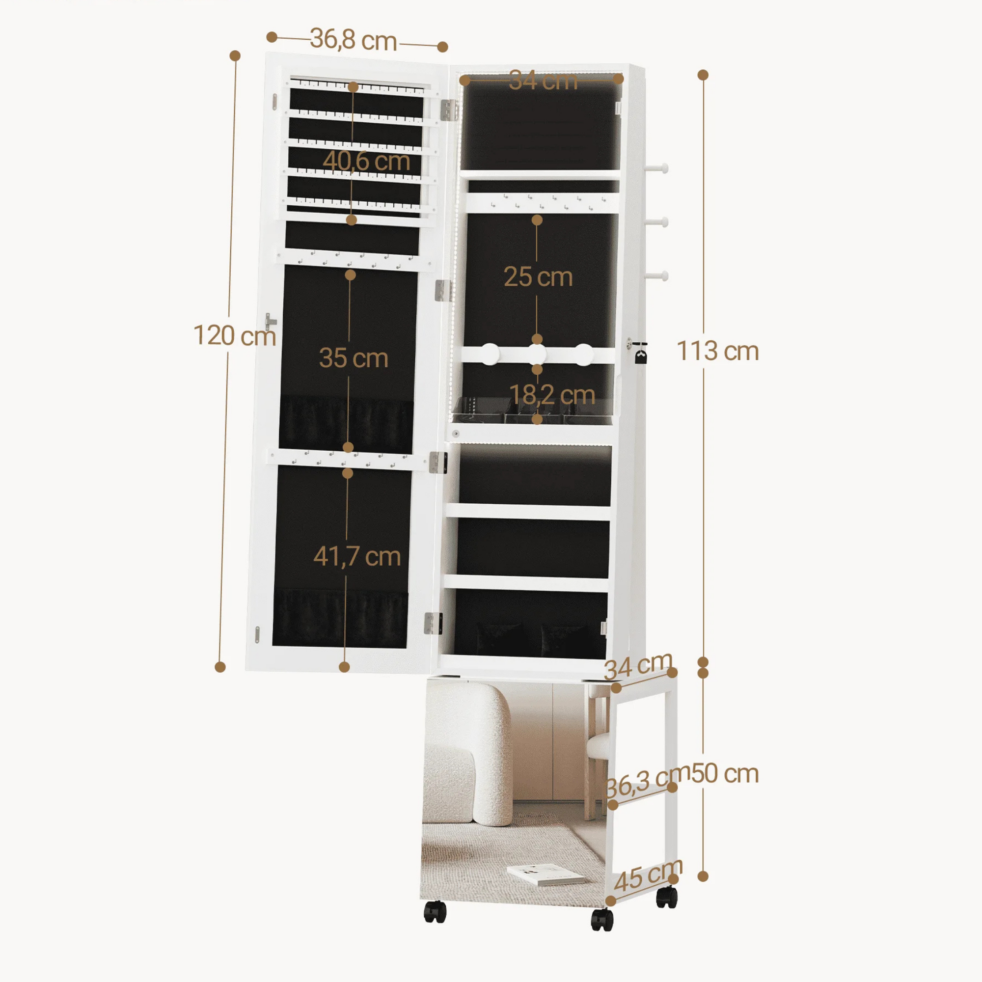 Boîte à Bijoux Bois Armoire LED Roulettes Mobile
