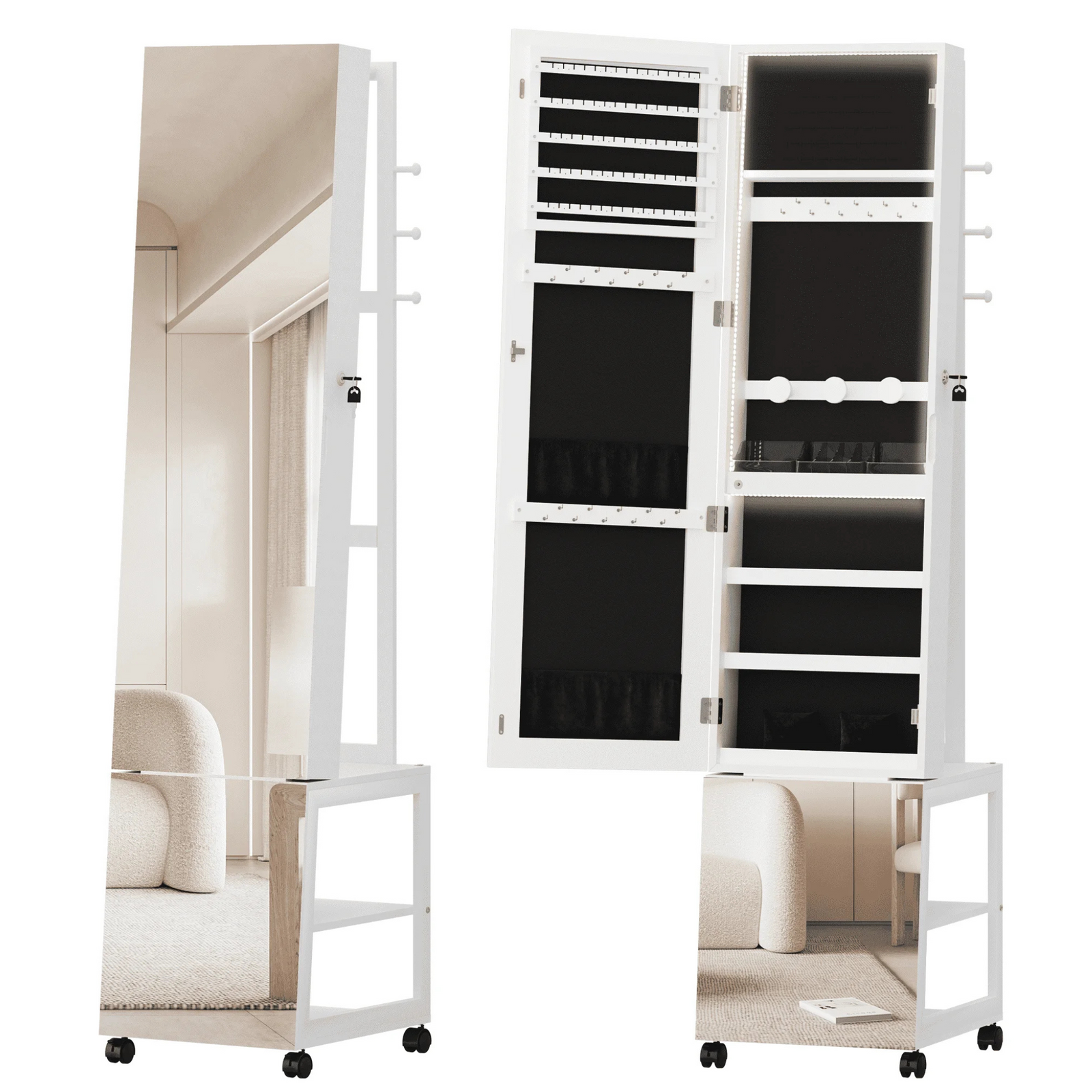 Boîte à Bijoux Bois Armoire LED Roulettes Mobile