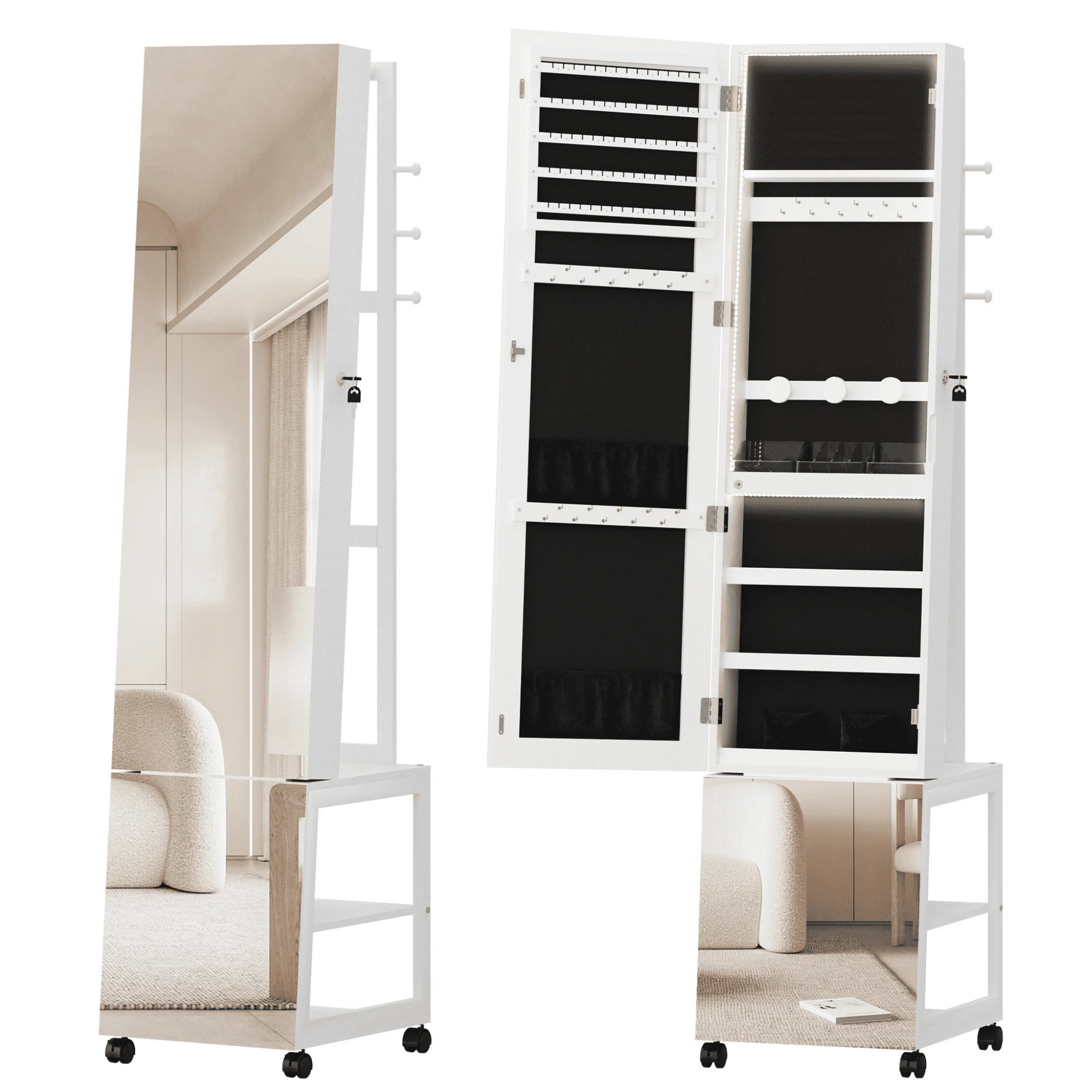 Boîte à Bijoux Bois Armoire LED Roulettes Mobile