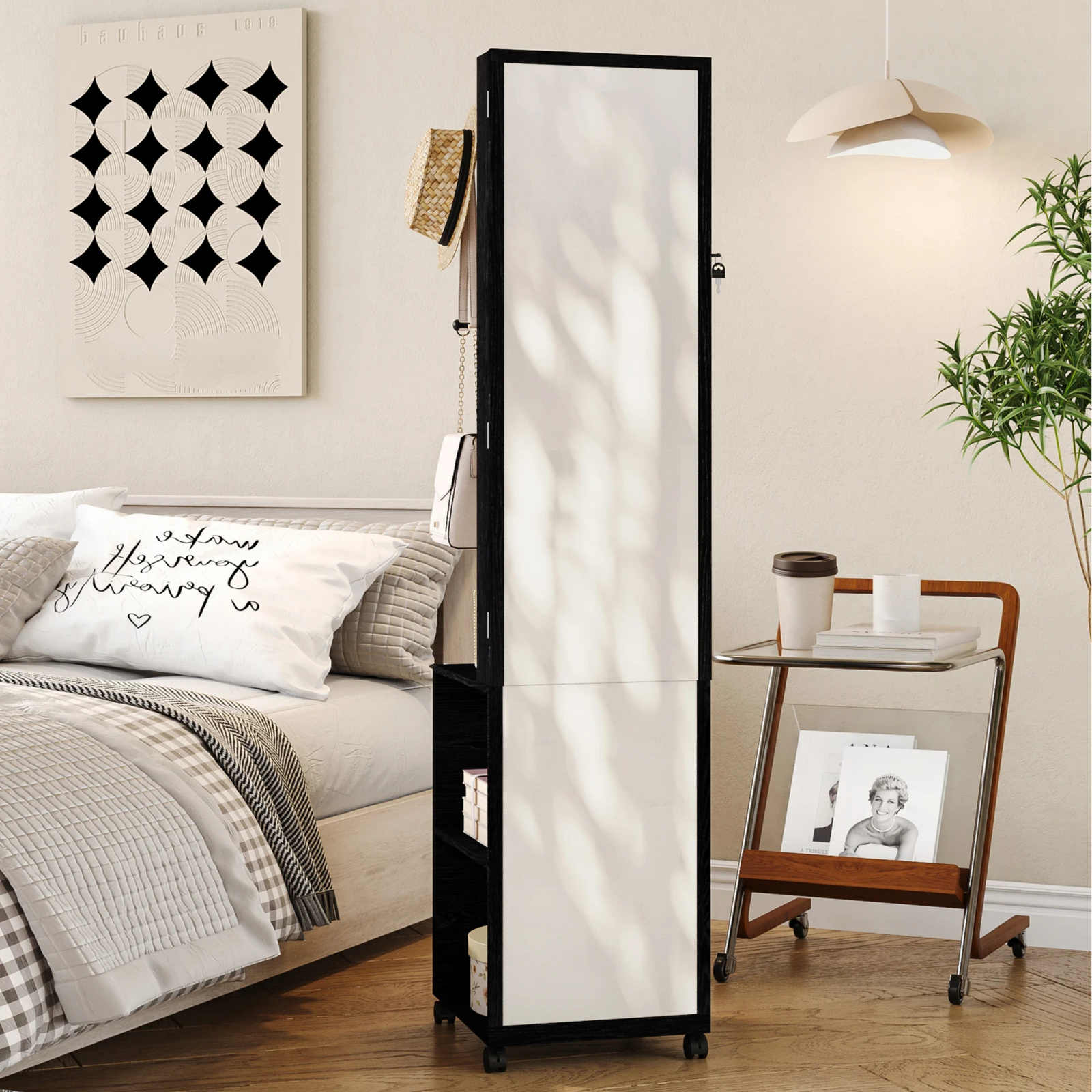 Boîte à Bijoux Bois Armoire Pied Rotative Miroir