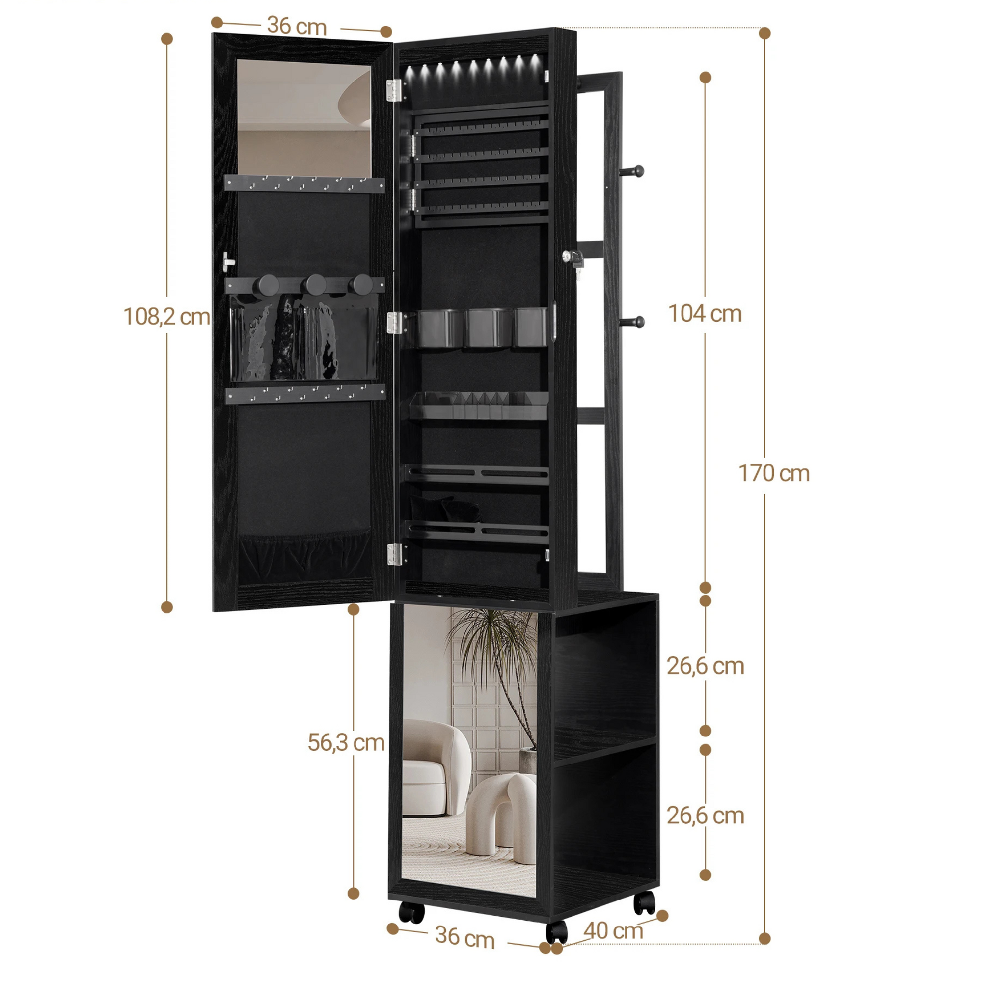 Boîte à Bijoux Bois Armoire Pied Rotative Miroir