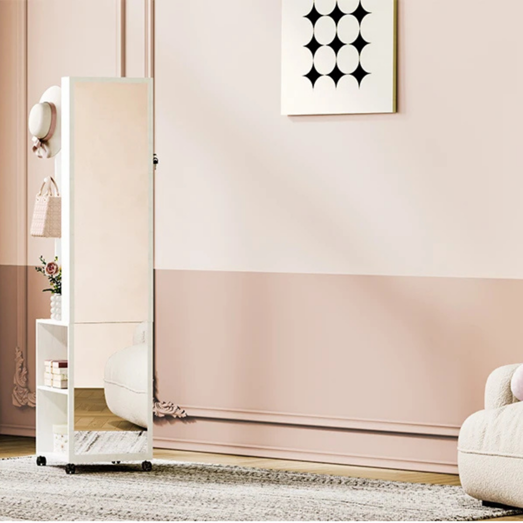 Boîte à Bijoux Bois Armoire Pied Rotative Miroir