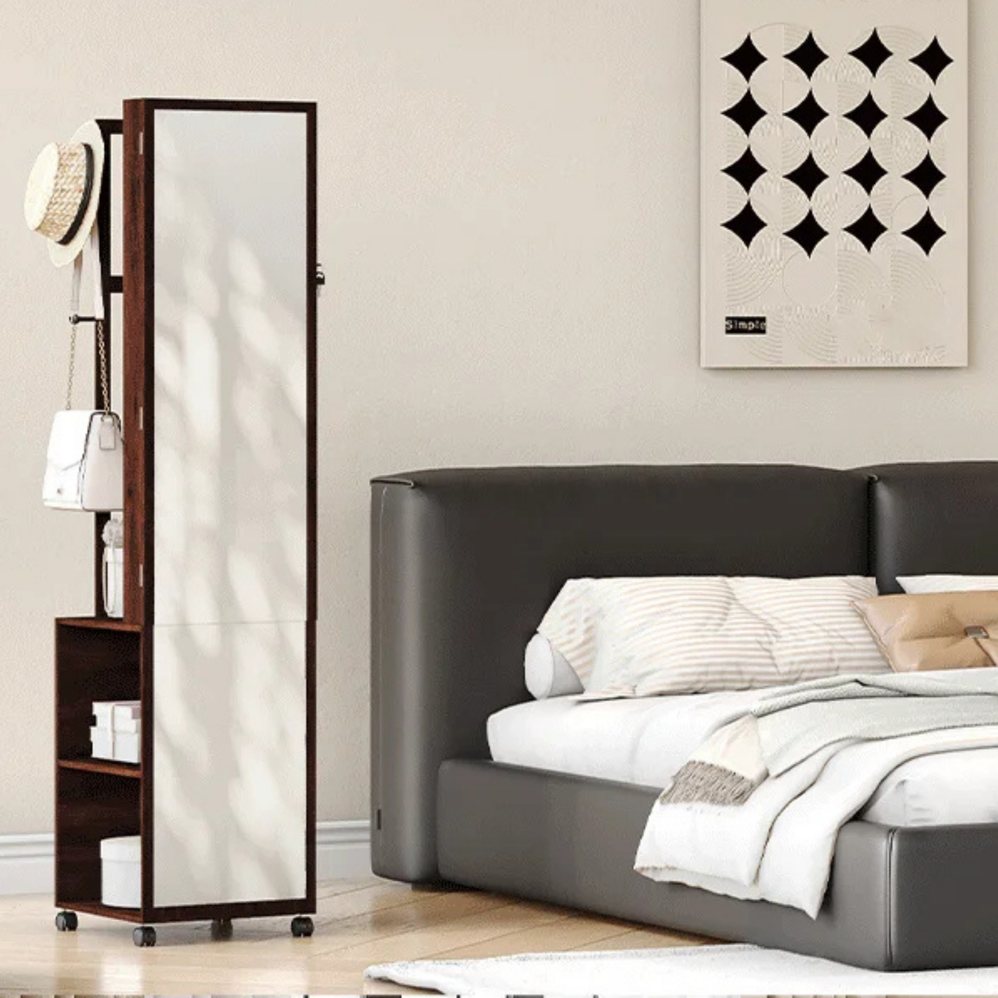 Boîte à Bijoux Bois Armoire Pied Rotative Miroir