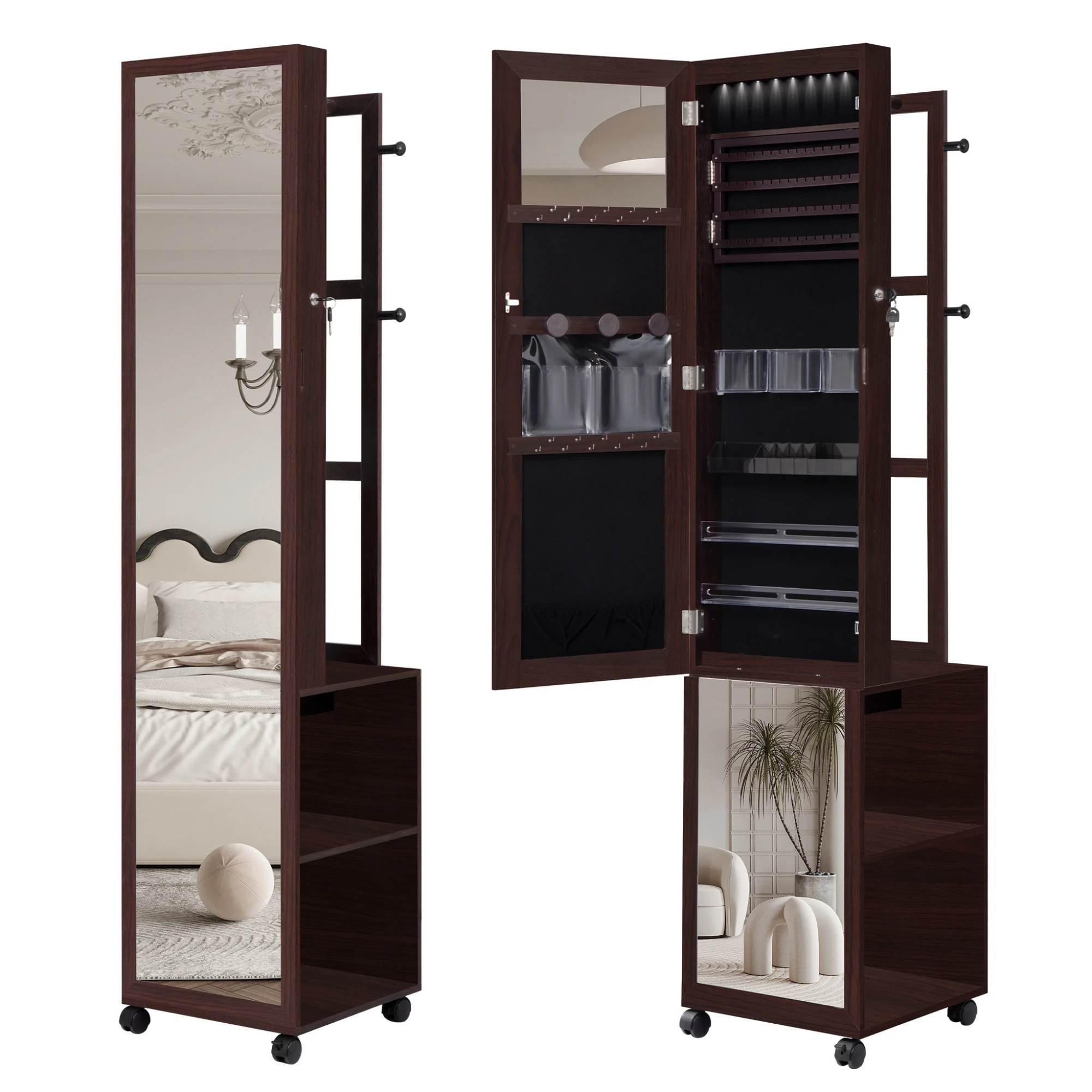 Boîte à Bijoux Bois Armoire Pied Rotative Miroir