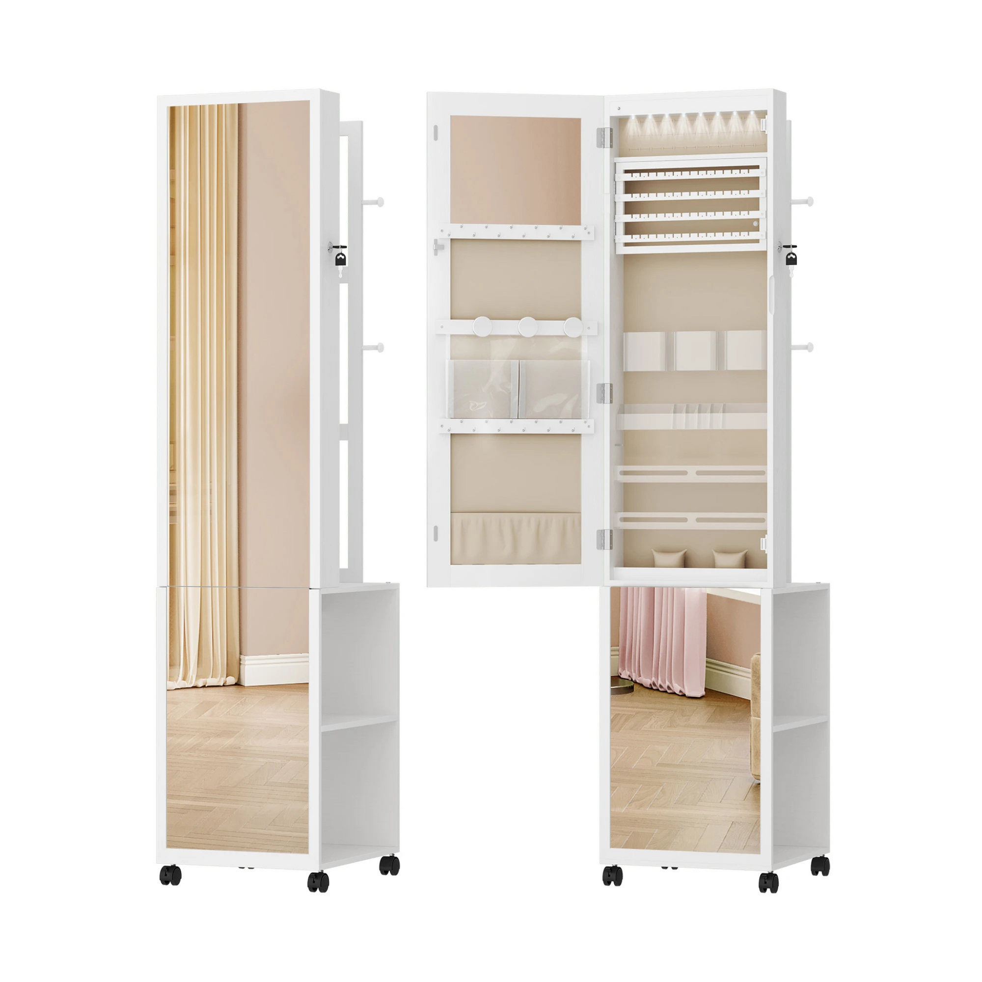 Boîte à Bijoux Bois Armoire Pied Rotative Miroir