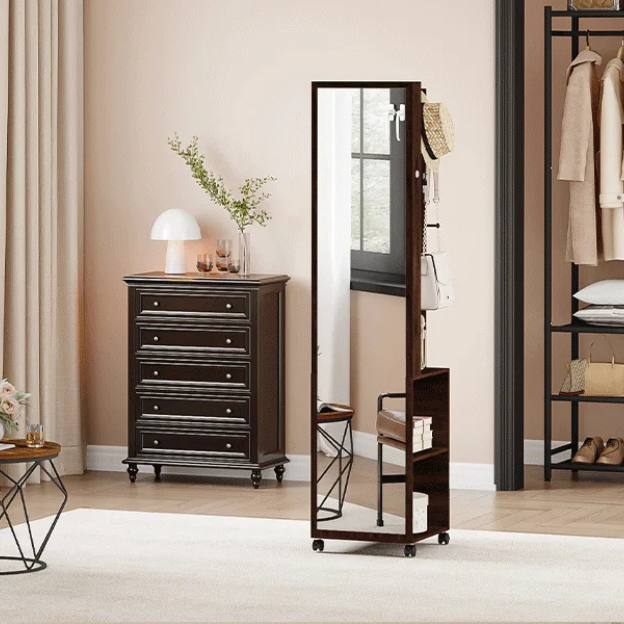 Boîte à Bijoux Bois Armoire Pied Rotative Miroir