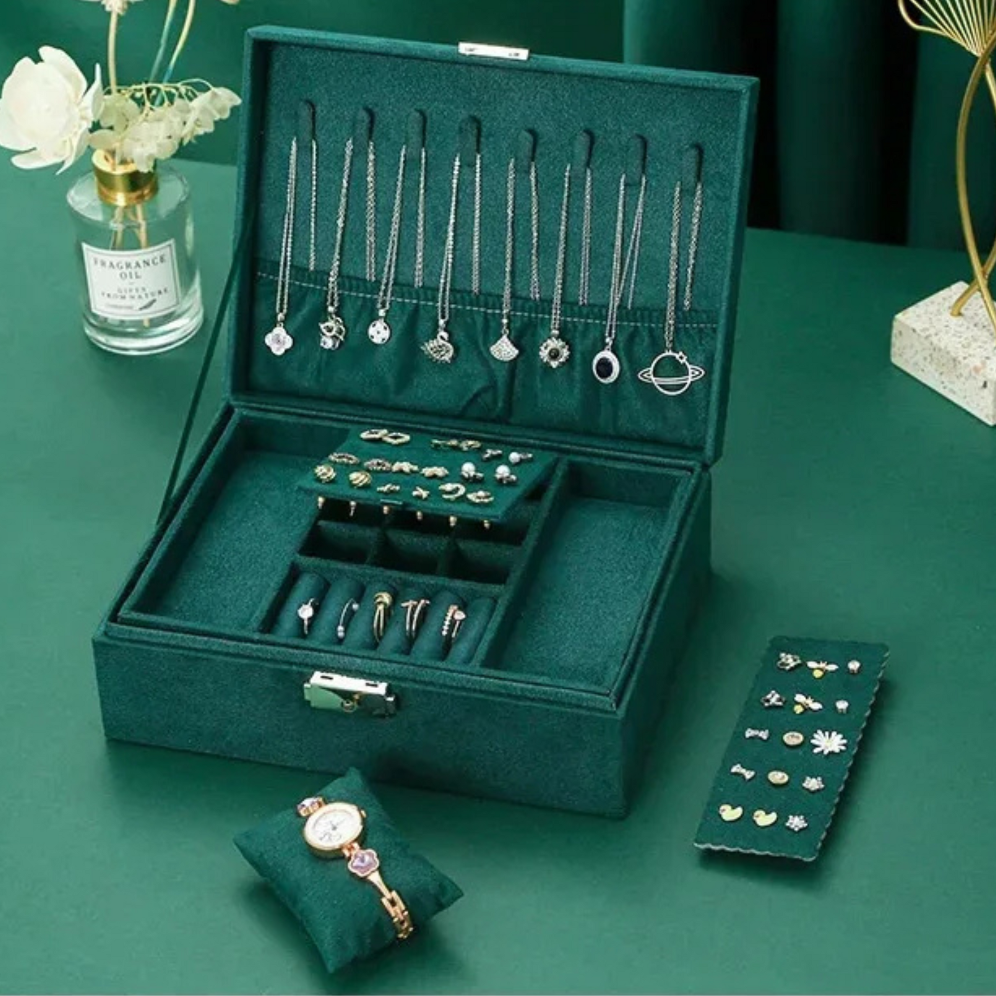 Boîte Bijoux Velours Vert Verrouillable