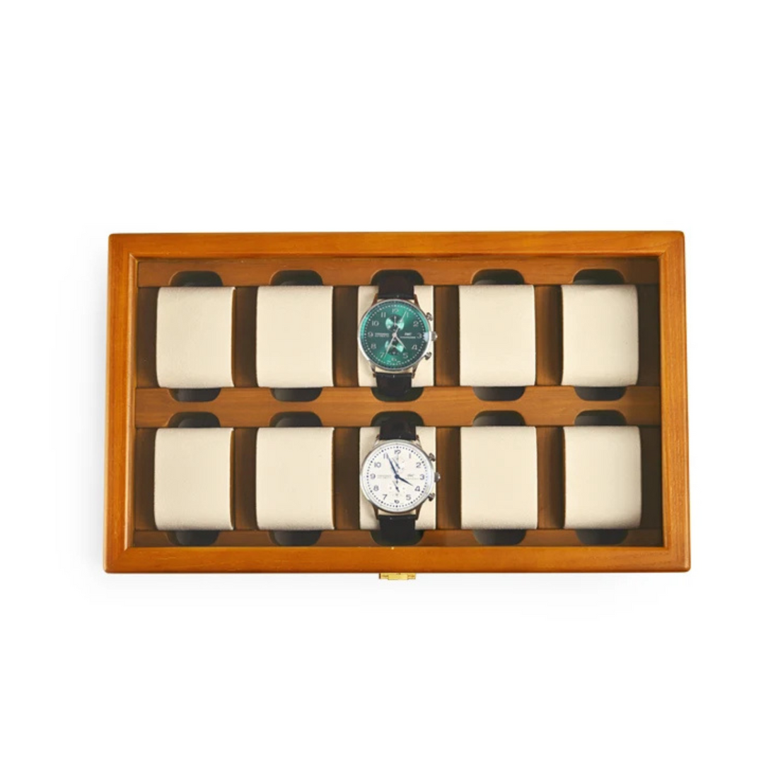 Boîte à montres bois massif 10 places – vue de dessus, coussins beige
