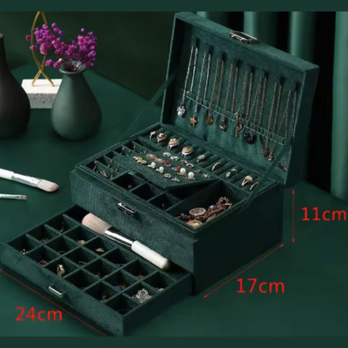 Boite Bijoux Velours Vert Emeraude Double Niveau