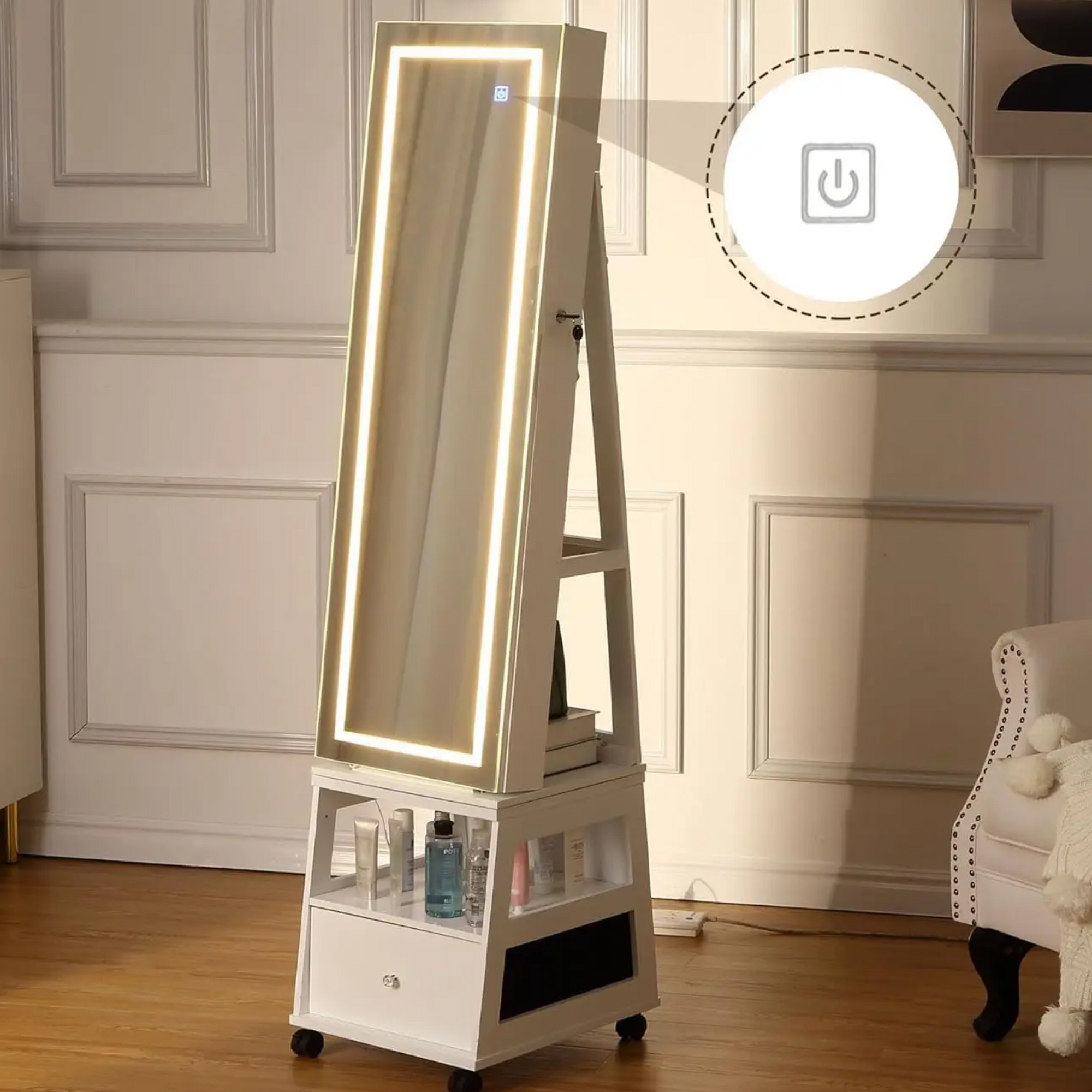 Boîte à Bijoux Bois LED Miroir Pivotant 360