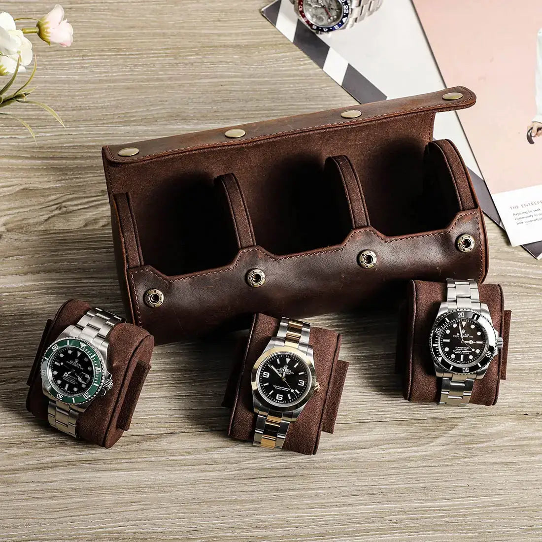 Etui Montre Cuir Veritable Marron 4 Places