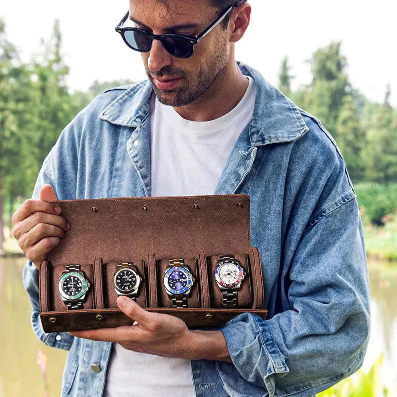 Étui Montre Cuir Marron 4 Places Vintage