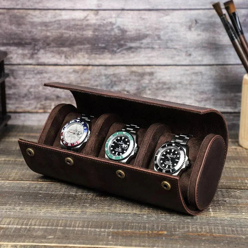 Étui Montre Cuir Marron 3 Places Vintage