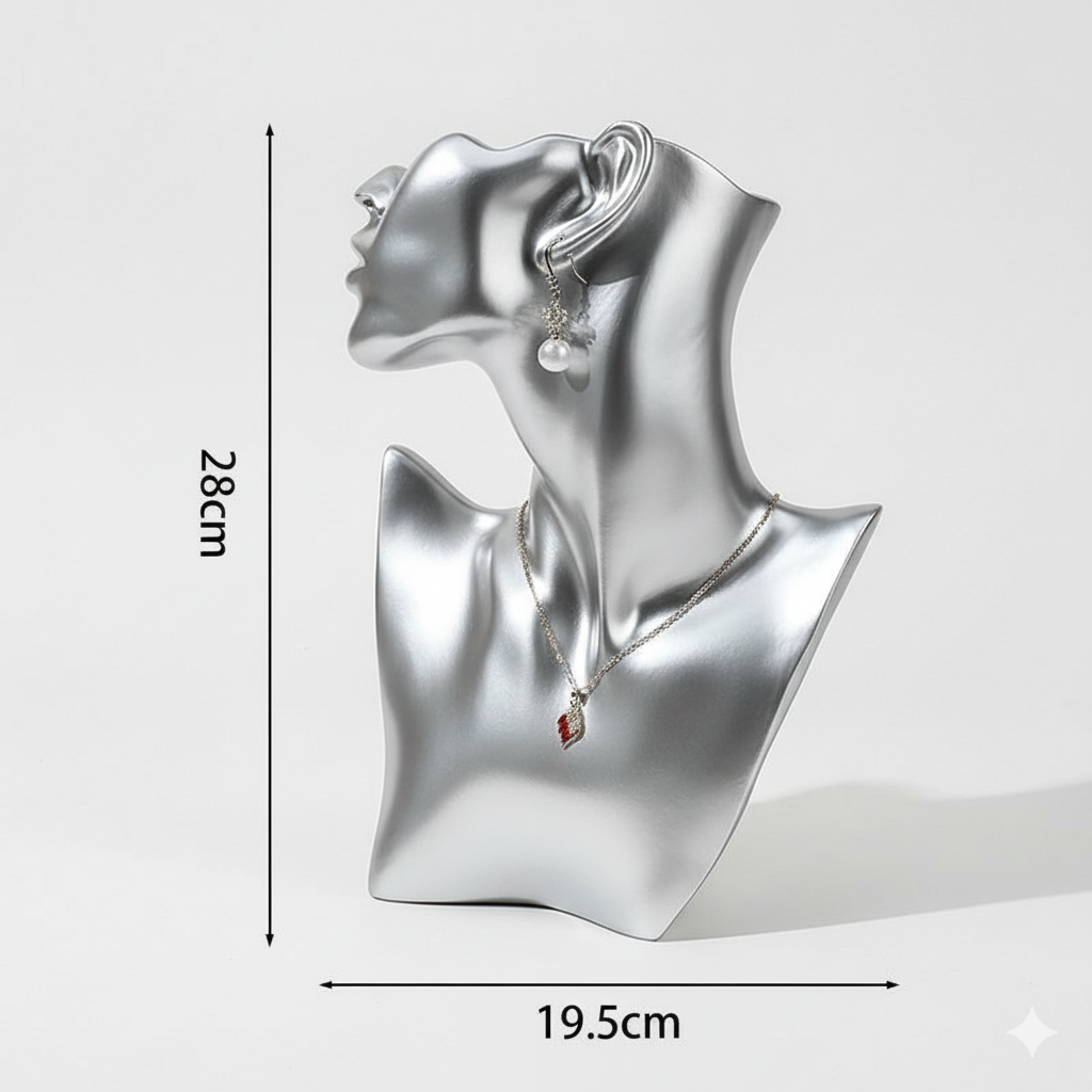 Présentoir collier buste femme argenté en résine 28cm