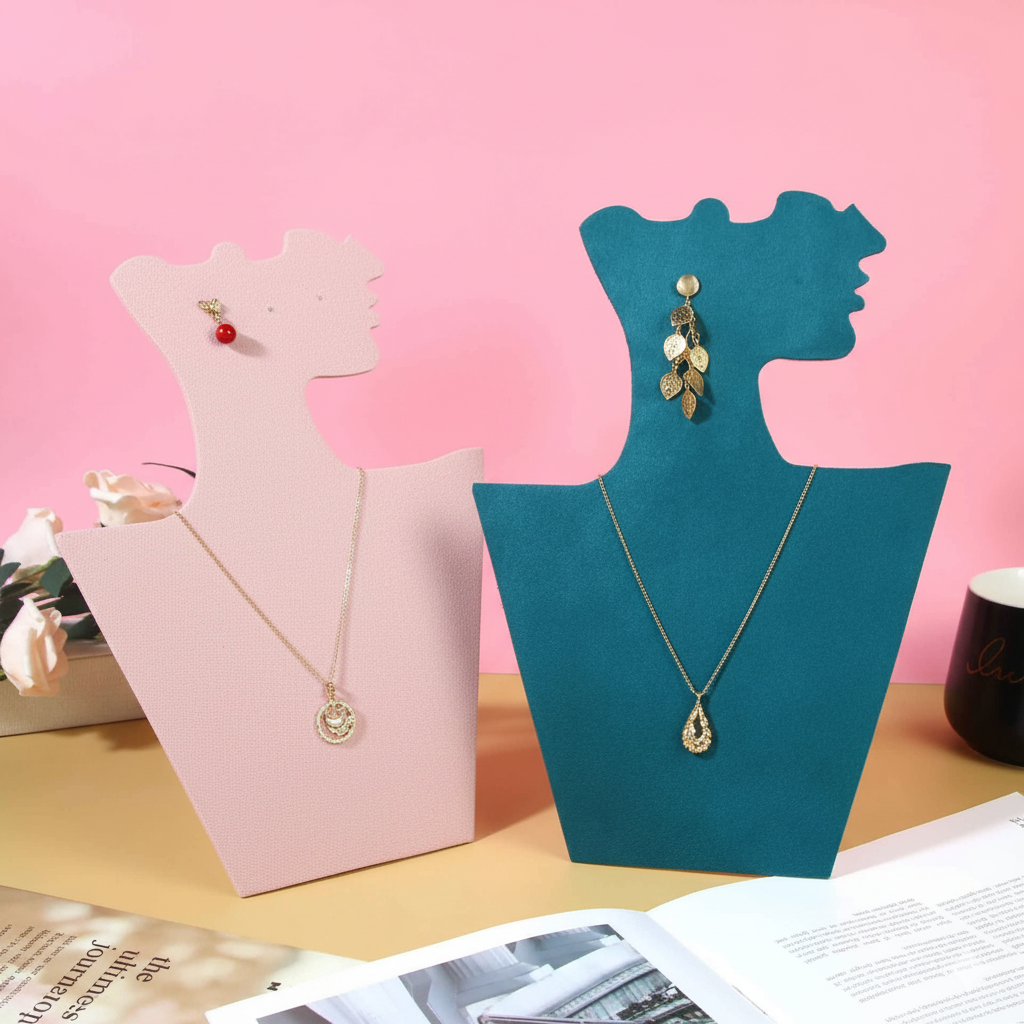 Présentoir Collier &amp; Boucles d’Oreilles Silhouette Féminine en Flanelle Rose (30 × 21 cm)