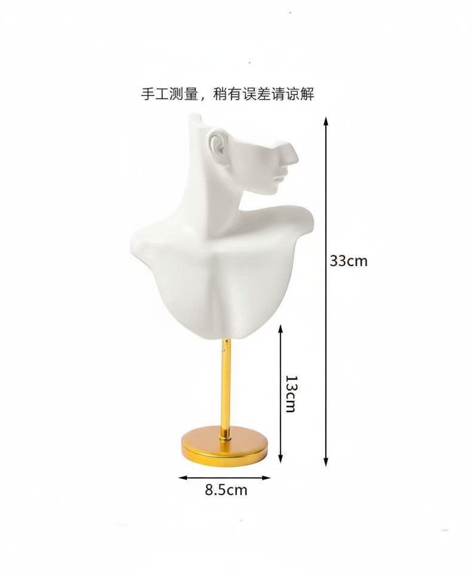 Présentoir Collier &amp; Boucles d’Oreilles buste blanc sur Pied Doré 33 cm