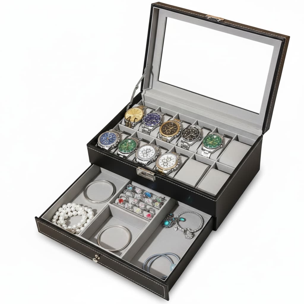 Boîte Montres Cuir Litchi Vitrine Multi-Capacité