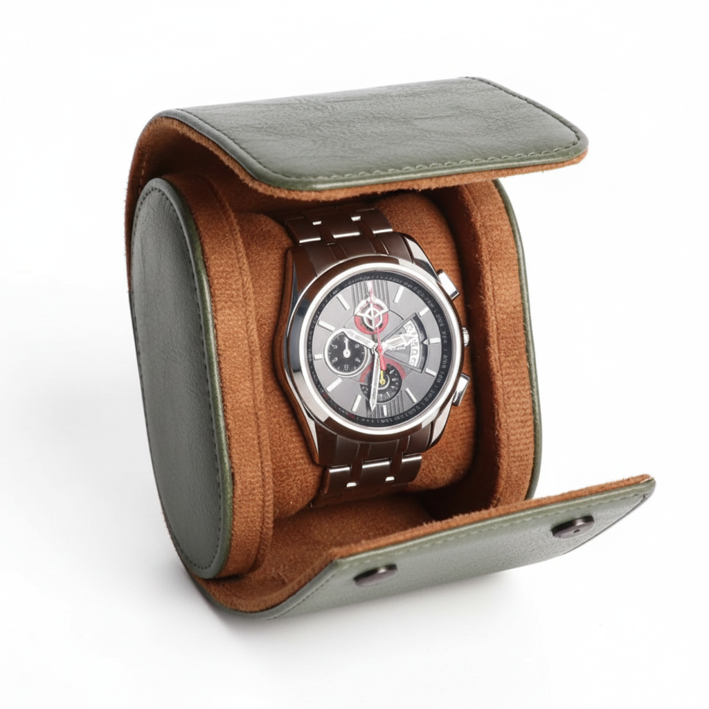 Étui Voyage Montre Cuir Kaki Rouleau