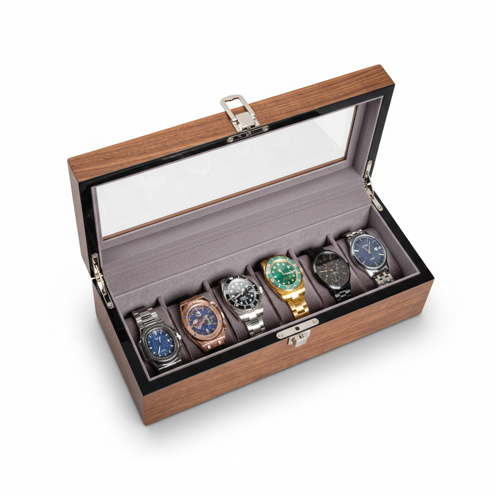 Boîte Montre Bois Noyer Vitrine Moderne