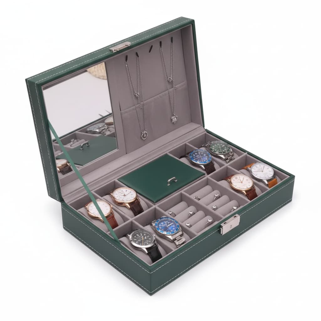 Boîte Bijoux Cuir Vert Miroir Serrure Vitrine